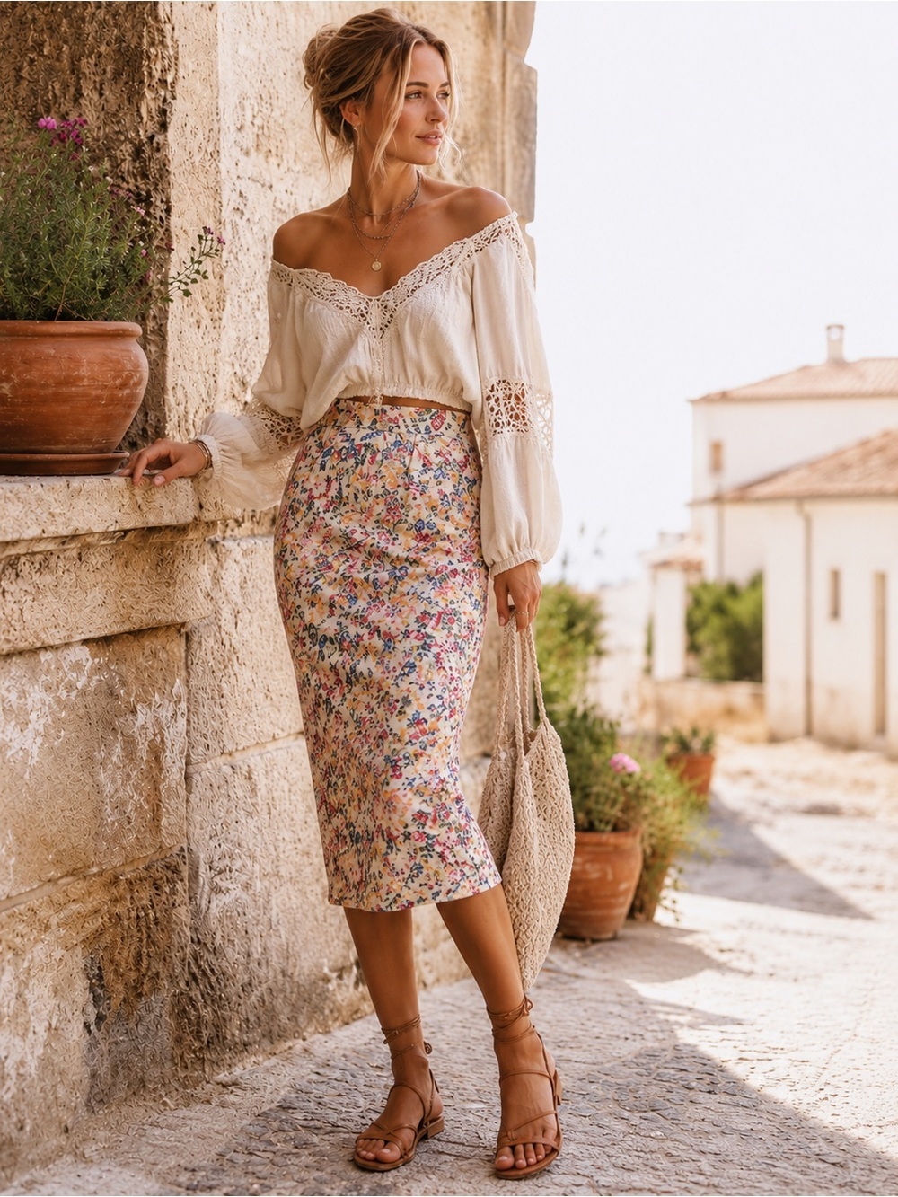 Free People Inspired Floral Pencil Skirt Boho Cottagecore Midi Skirt Romantic XS
